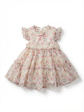 Vestido Estampado Floral Rosa con Capas y Lazo en Terciopelo