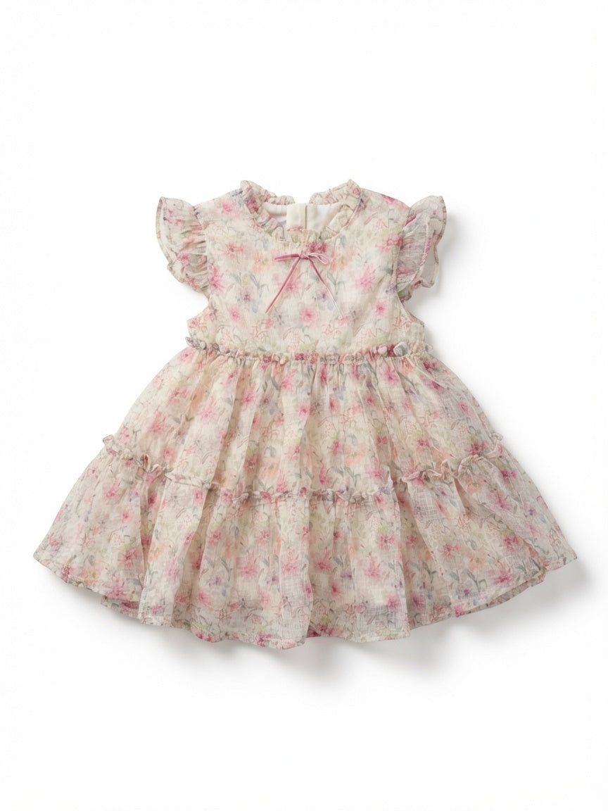 Vestido Estampado Floral Rosa con Capas y Lazo en Terciopelo