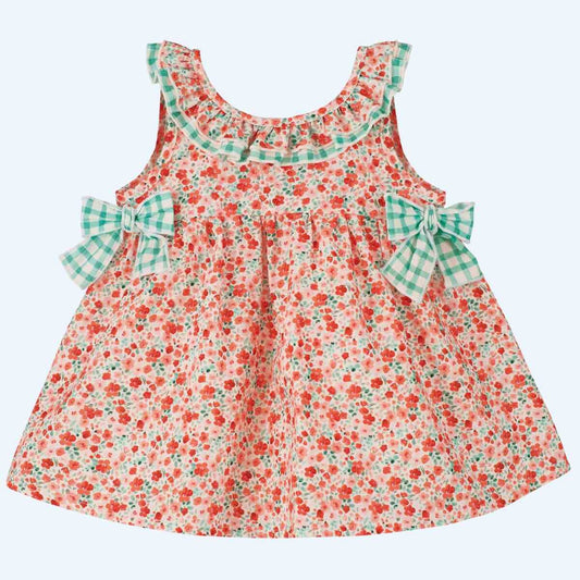 Vestido con Estampado Floral Rojo y Vichy Verde