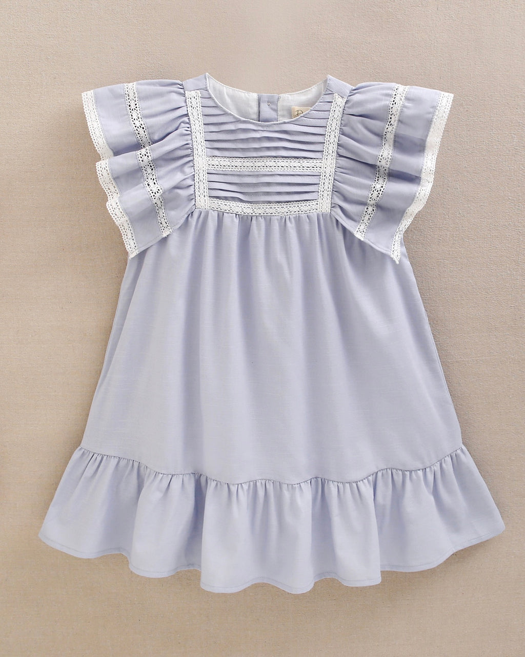 Vestido Lino Volados Azul Cielo con Bordes de Encaje