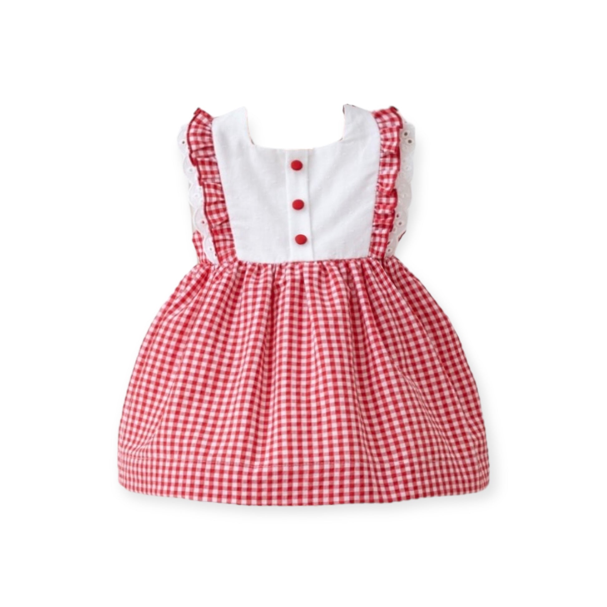 Vestido de Cuadros Rojo con Blanco Manga Corta con Bordados