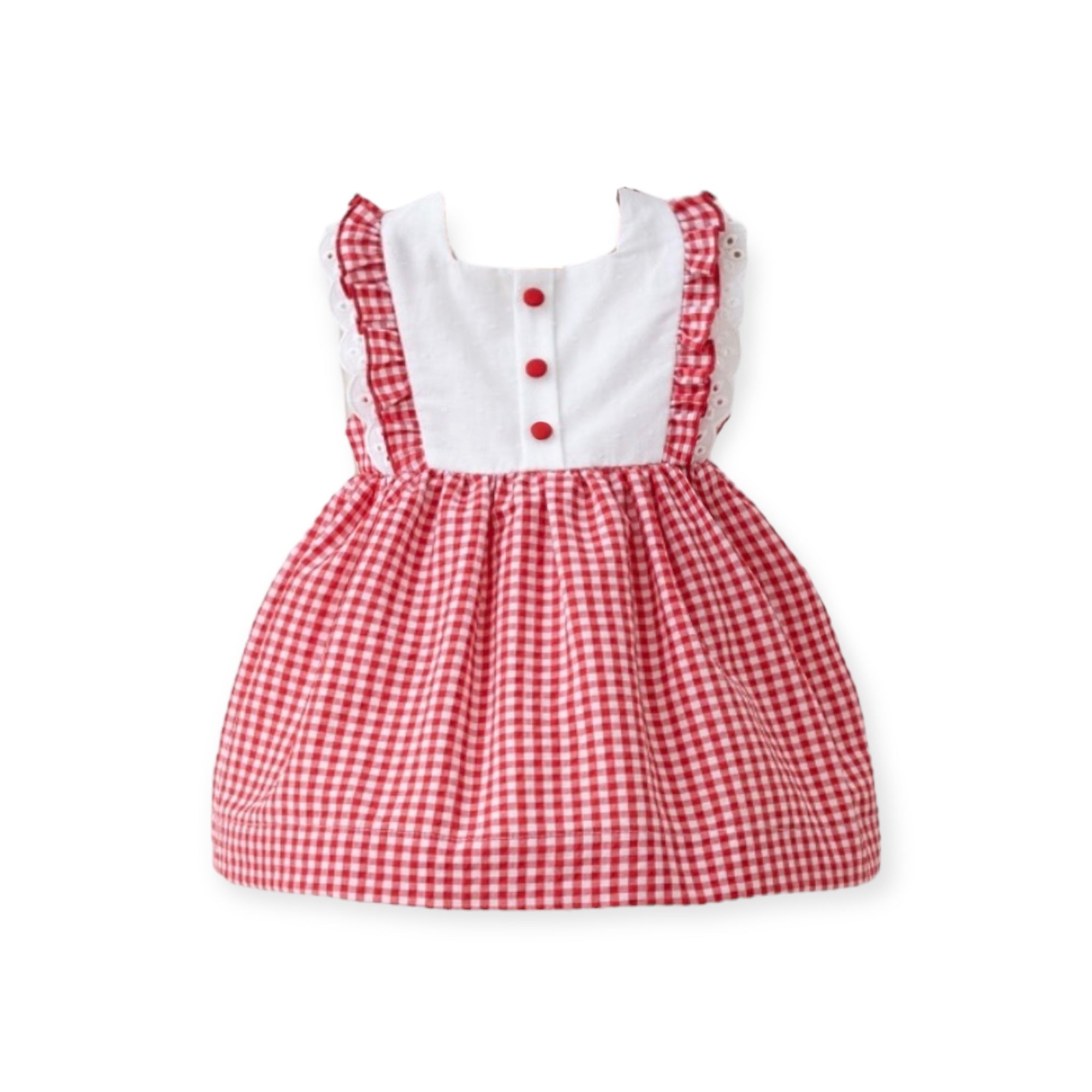 Vestido de Cuadros Rojo con Blanco Manga Corta con Bordados