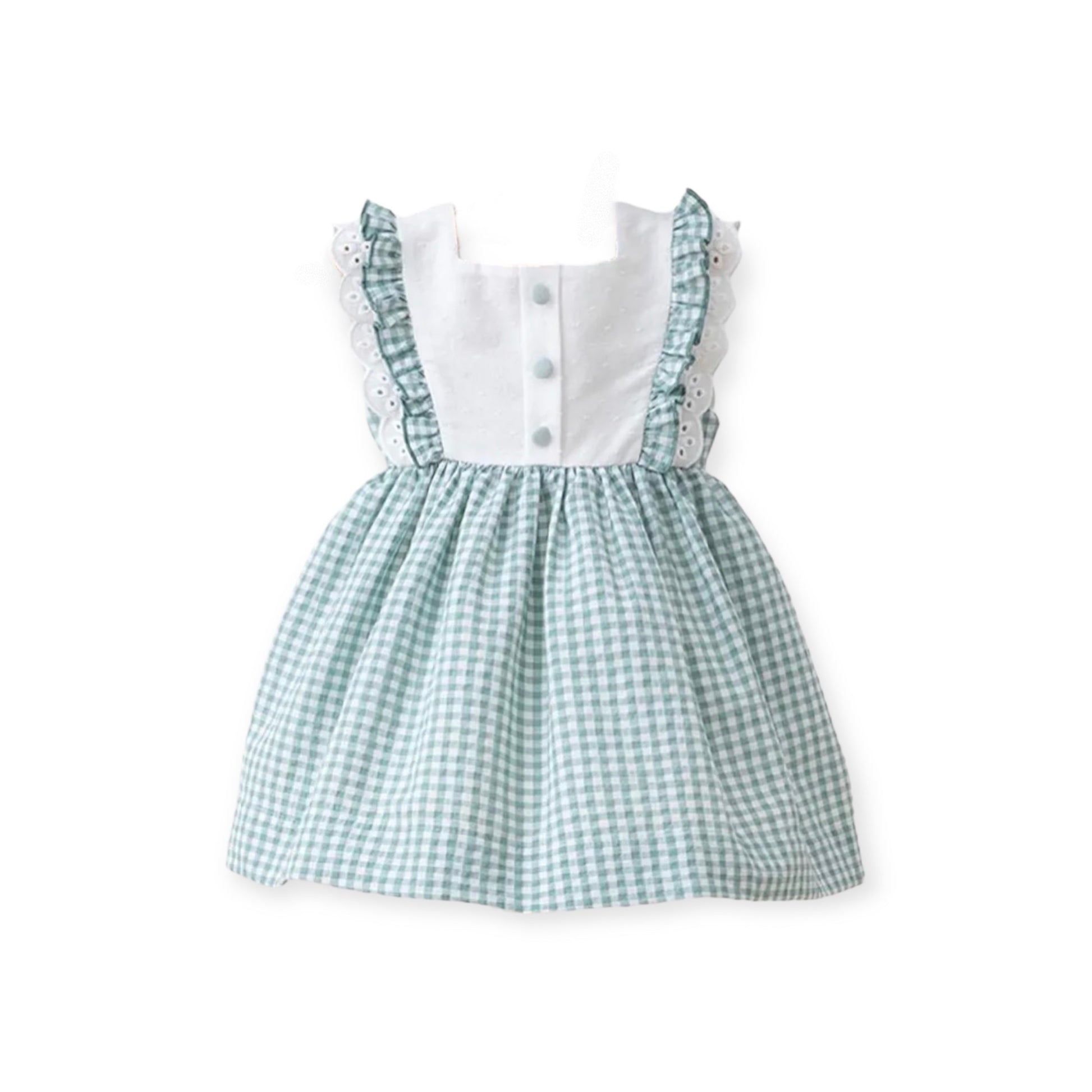 Vestido de Cuadros Verde con Blanco Manga Corta con Bordados
