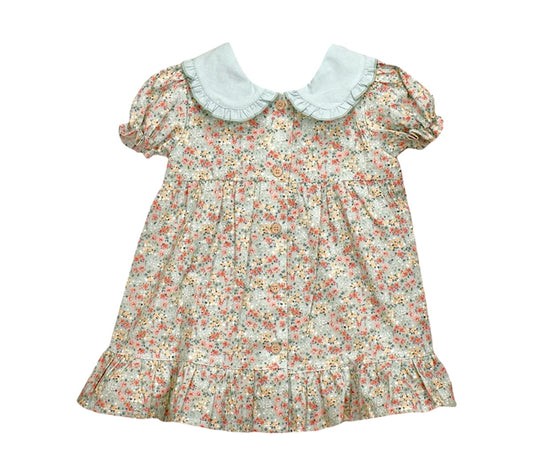 Vestido Aguamarina con Flores y Cuello Peter Pan