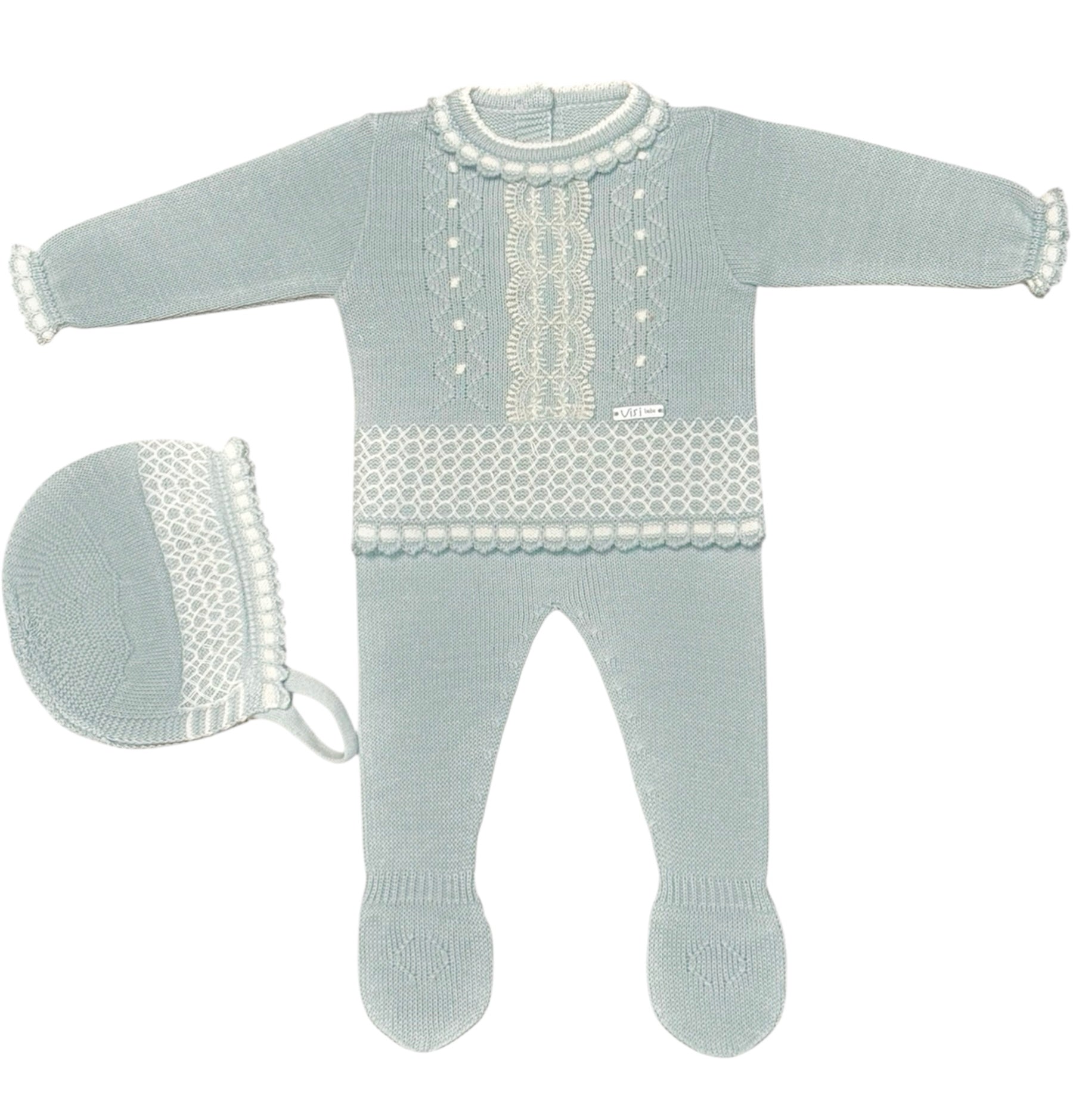 Conjunto Perle Verde Menta con Encaje y Detalles en Crudo y Capota a Juego