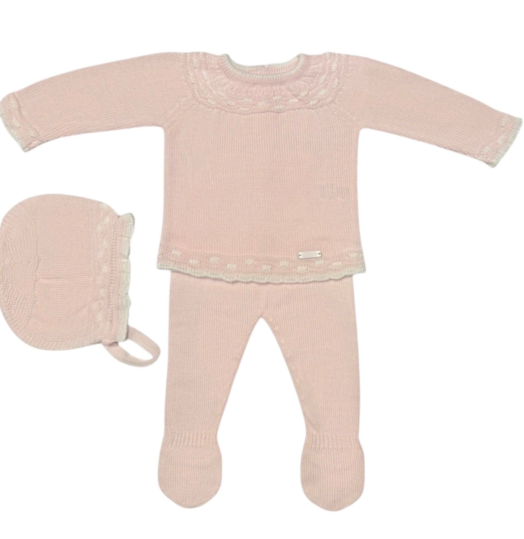 Conjunto Perle Rosa Bebe Puntilla con Detalles en Blanco y Capota a Juego
