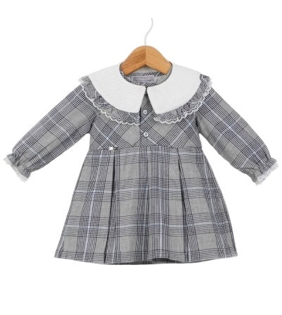 Vestido Manga Larga Gris de Cuadros con Cuello