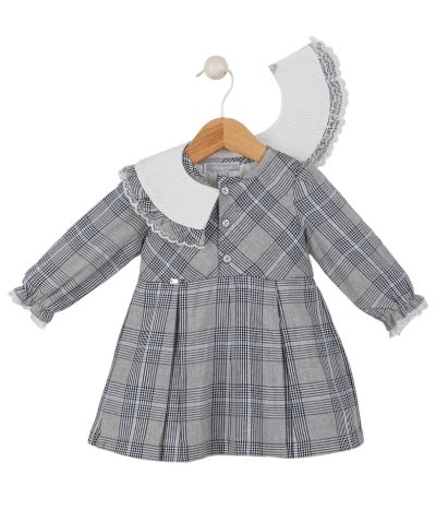 Vestido Manga Larga Gris de Cuadros con Cuello