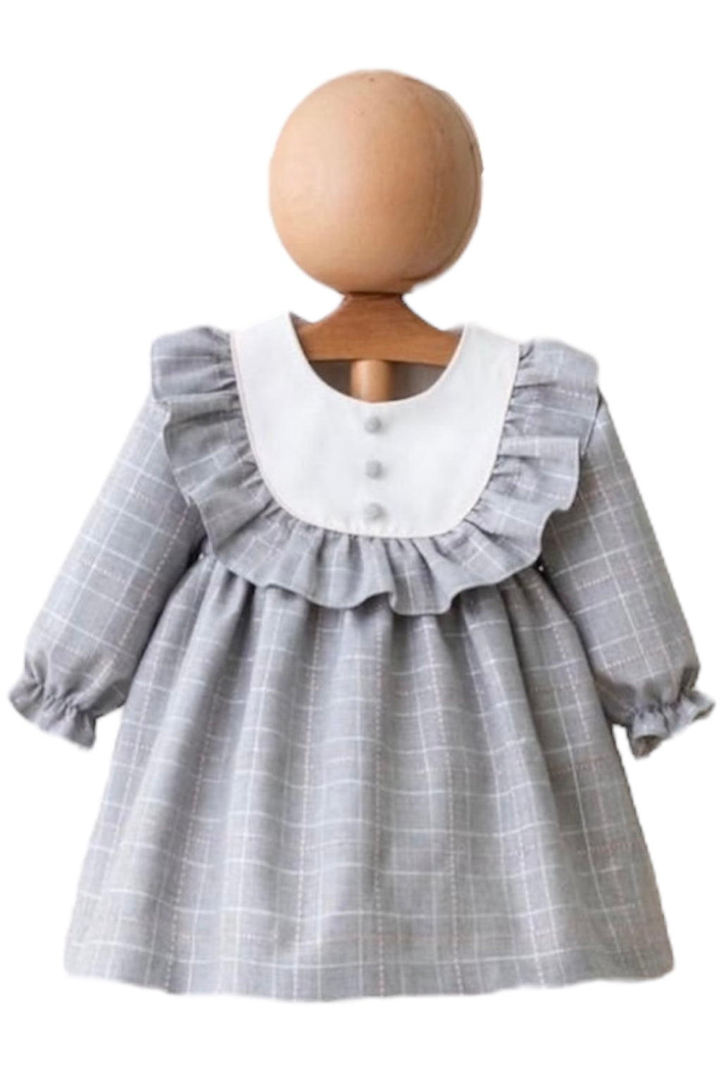 Vestido Manga Larga Gris Claro con Lineas Plateadas y Rosa