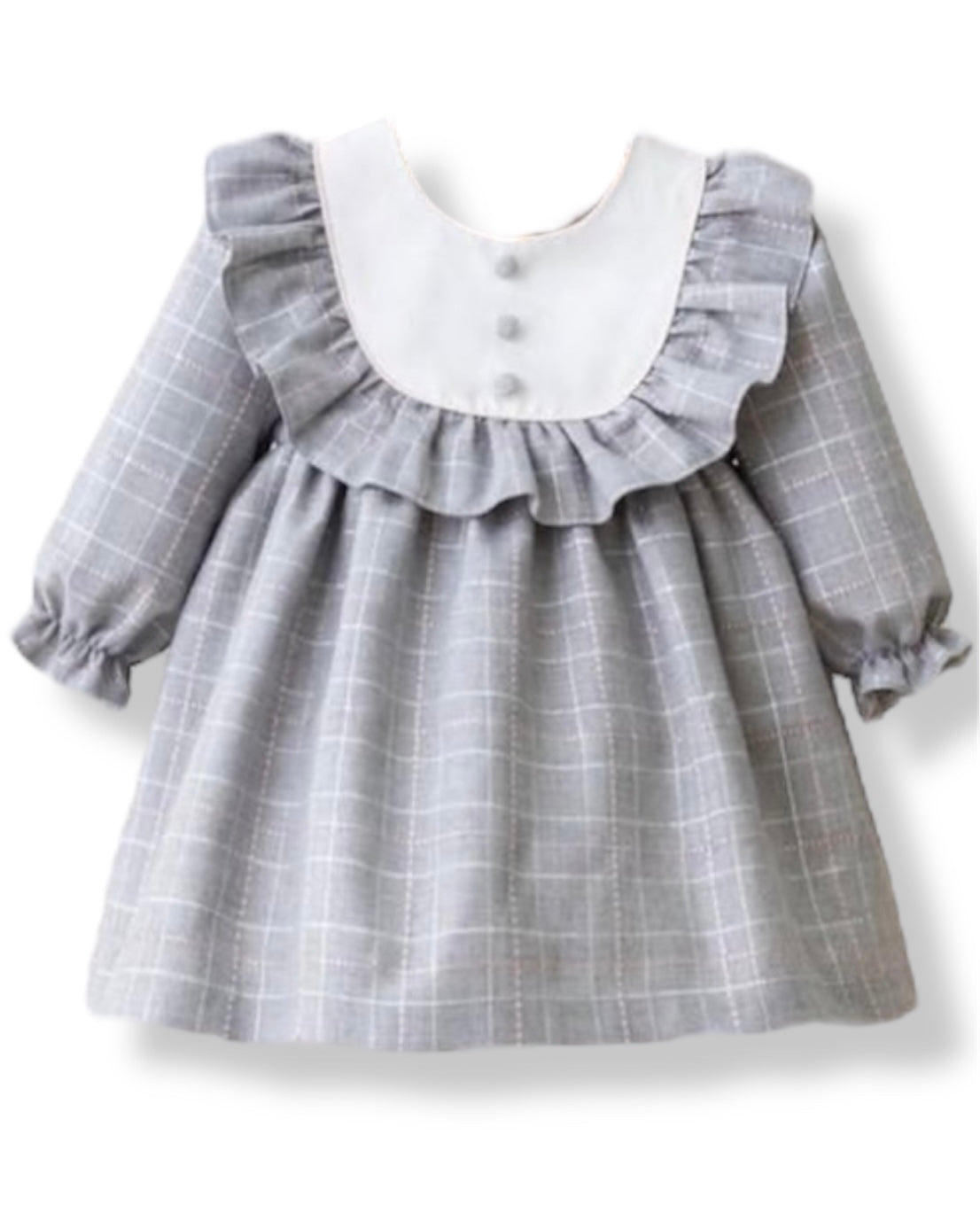Vestido Manga Larga Gris Claro con Lineas Plateadas y Rosa