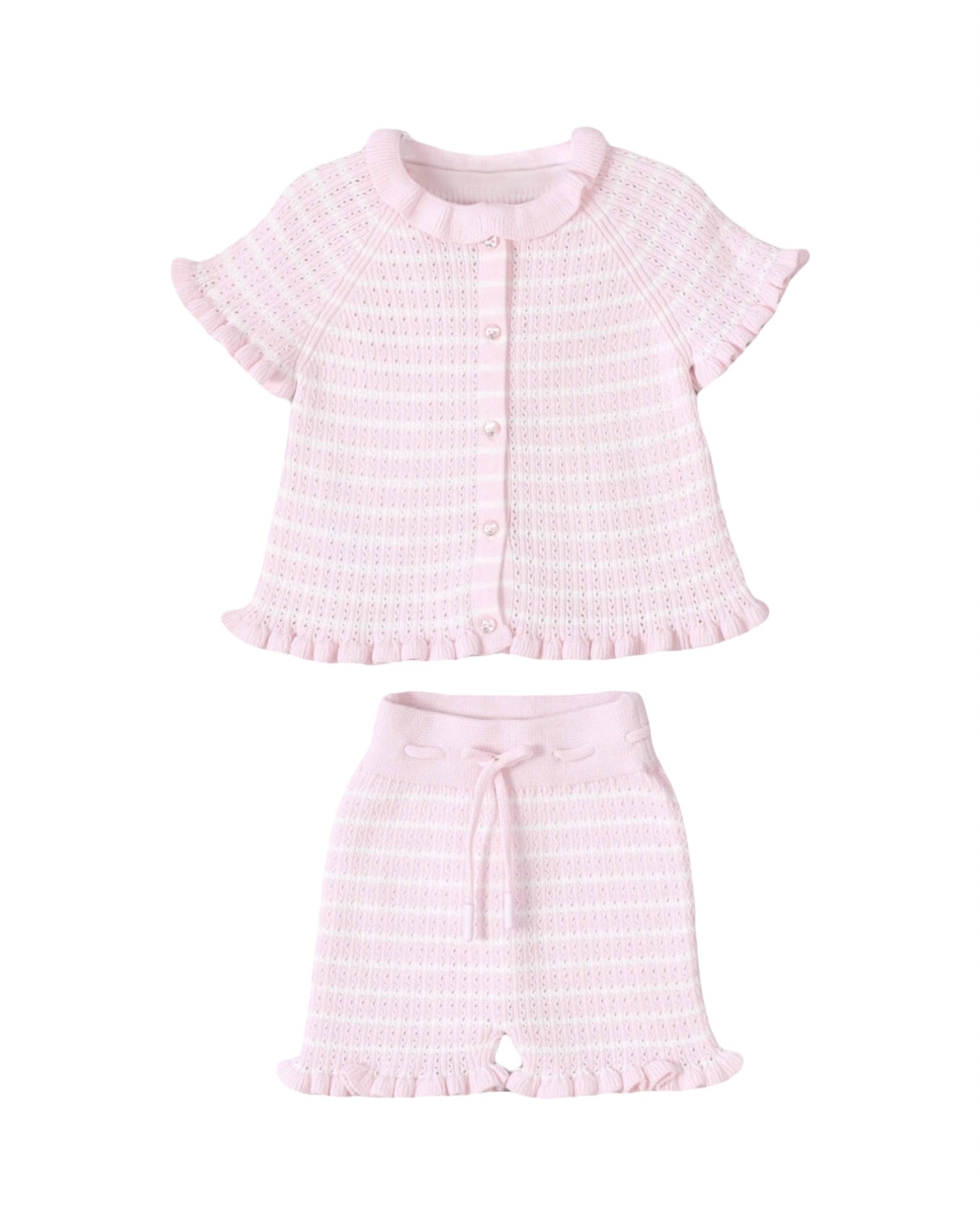 Conjunto Tejido de Dos Piezas Rosa Bebe y Blanco