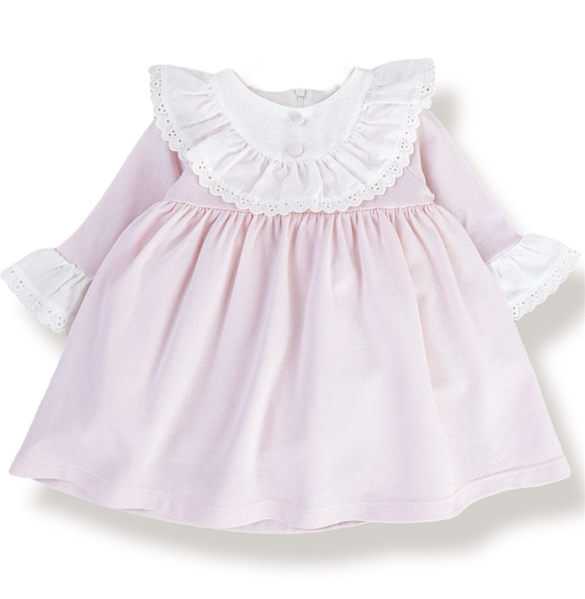 Vestido Manga 3/4 Rosa Pastel con Detalles en Plumeti Blanco