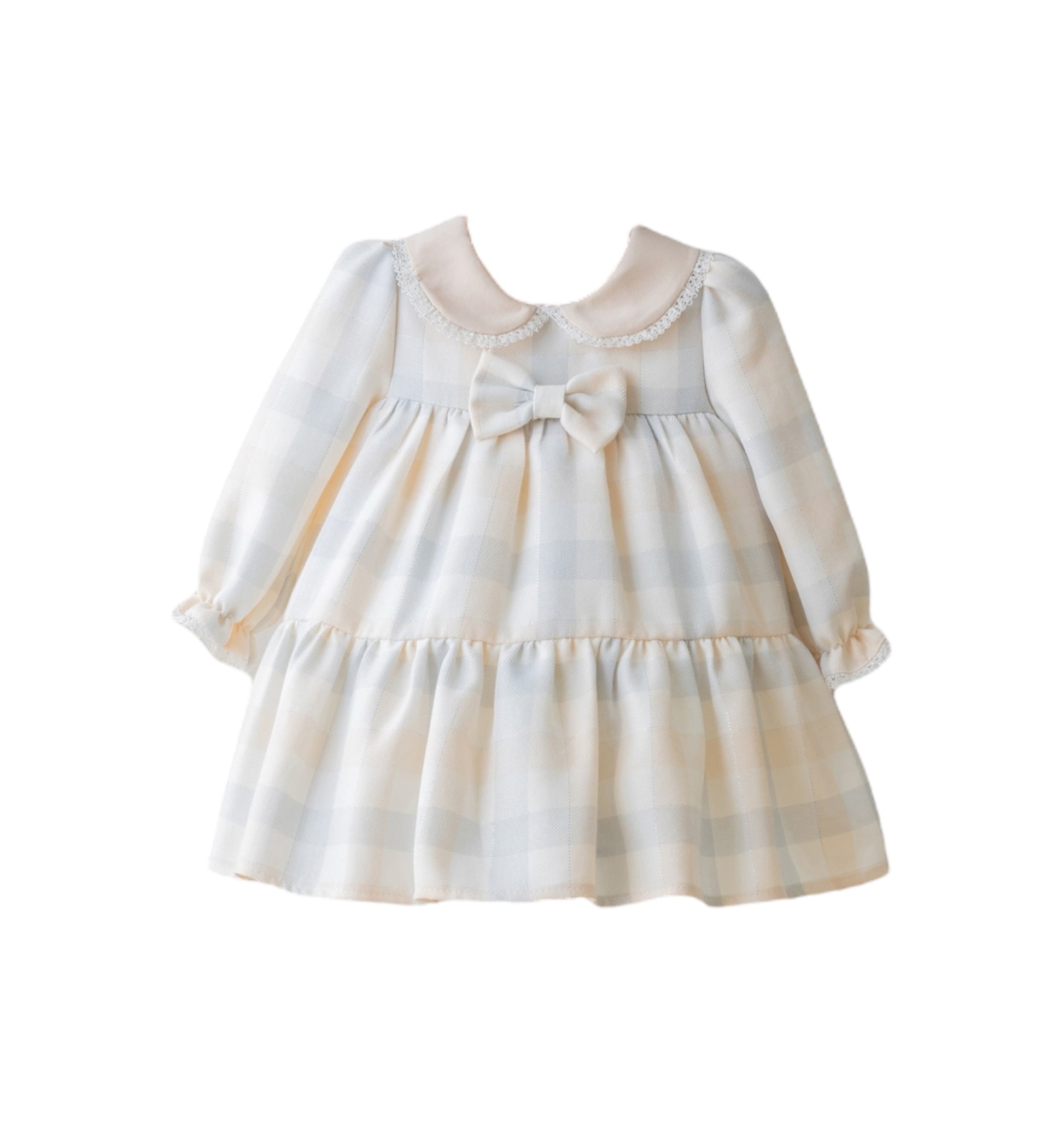 Vestido de Cuadros Cuello Peter Pan y Lazo Lino con Azul Bebe