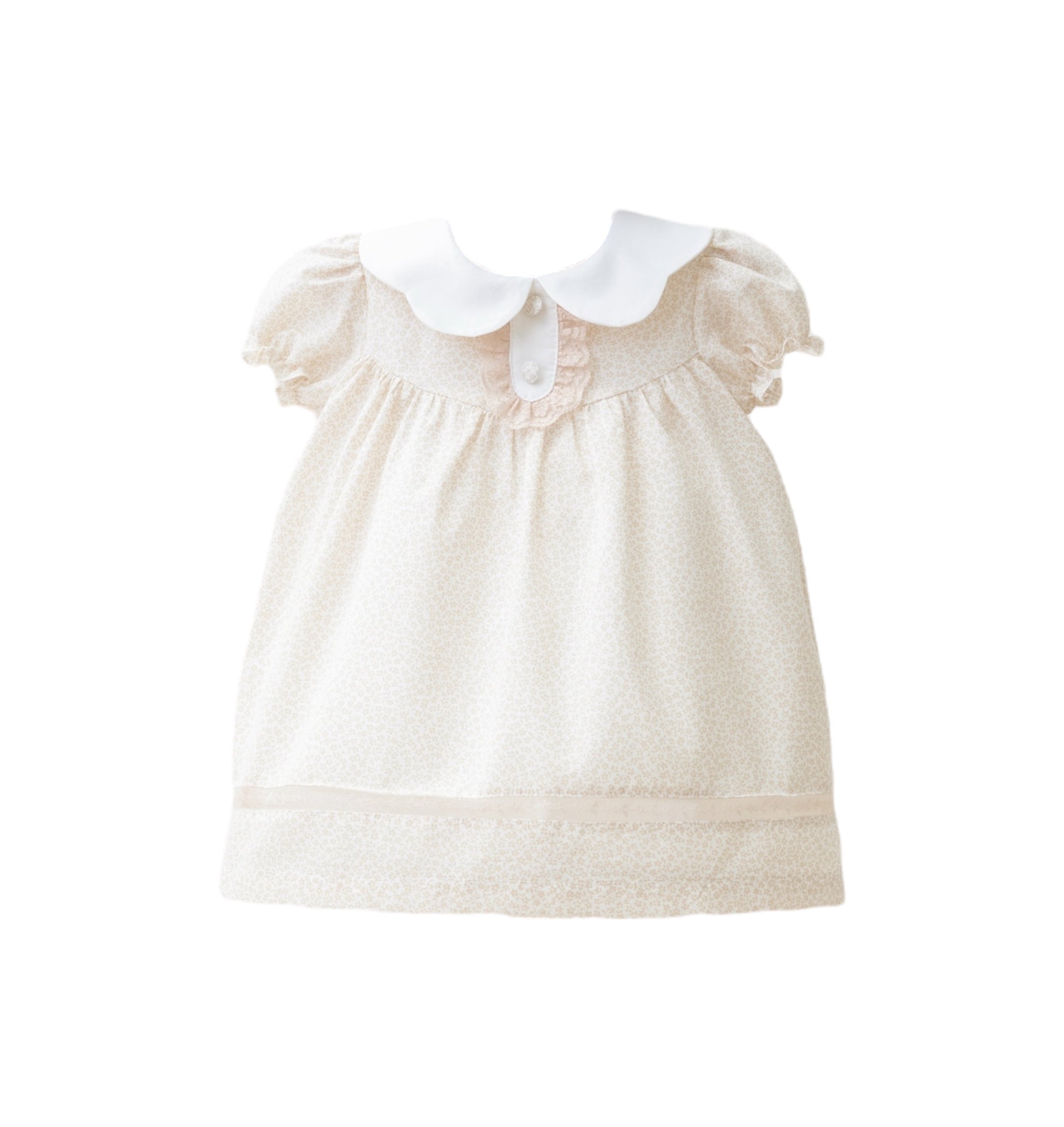 Vestido Manga Corta Floreado en Color Beige y Cuello Ondulado