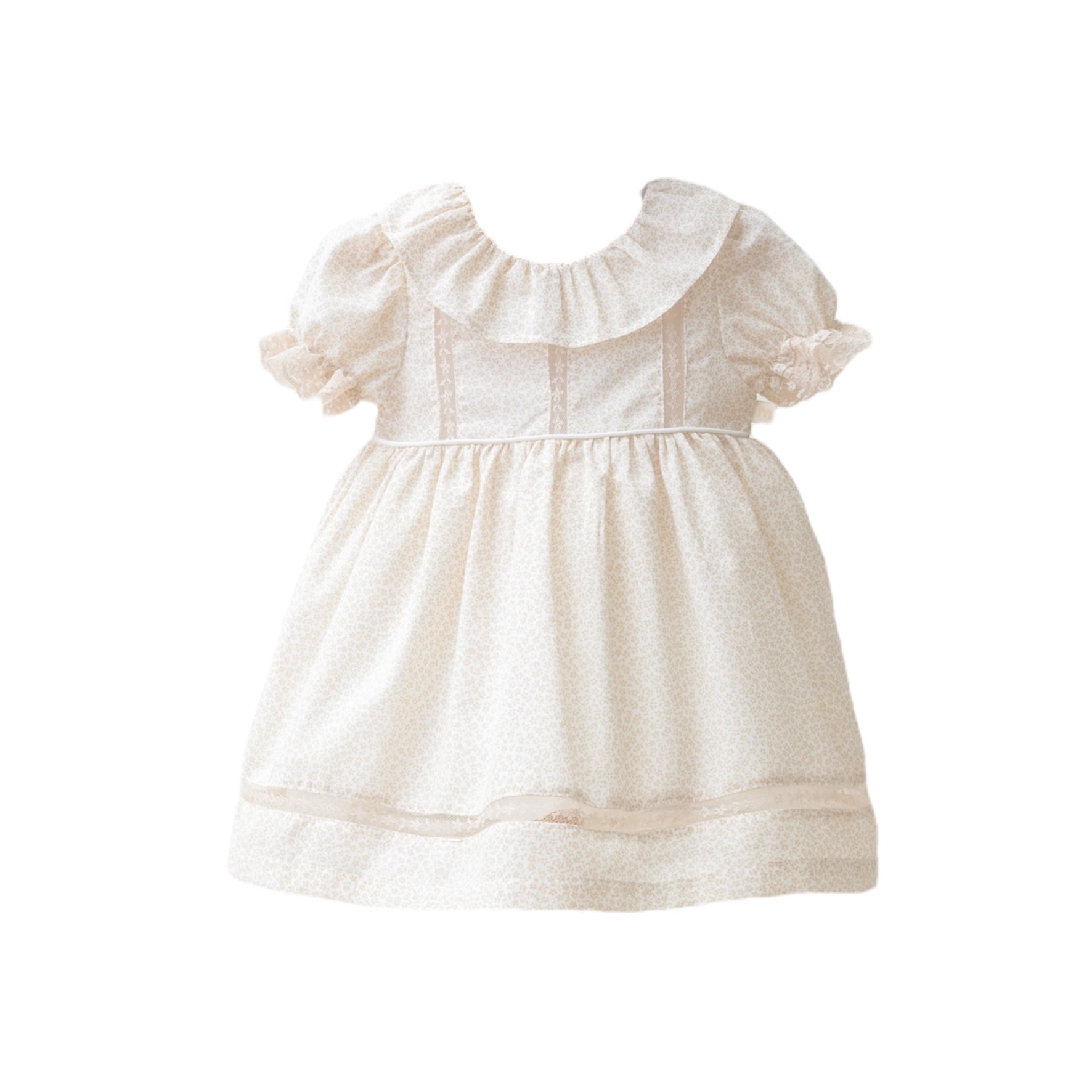 Vestido Manga Corta Floreado en Color Beige y Cuello Batista