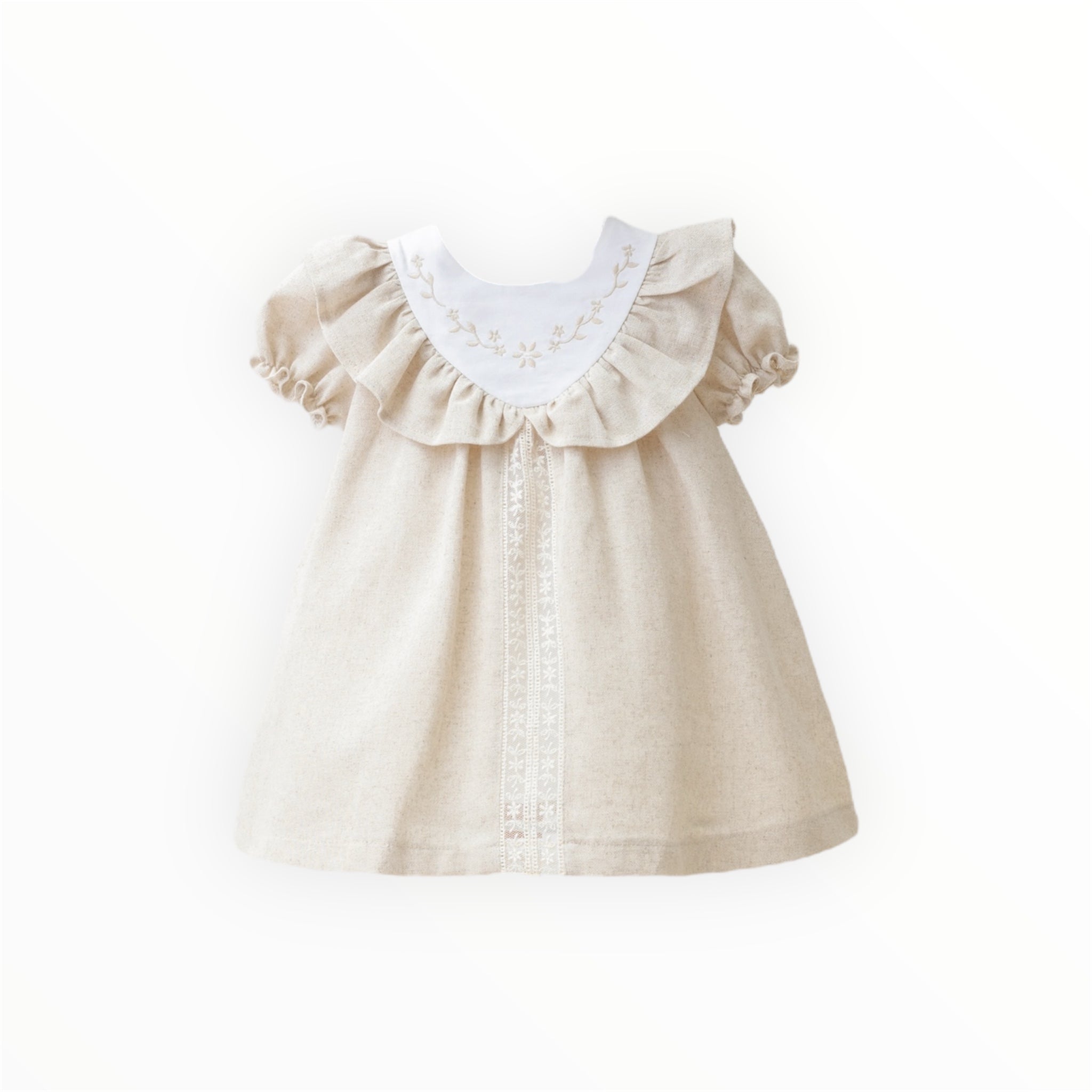 Vestido de Lino con Florecitas Bordadas en el Pecho y Detalles en Encaje