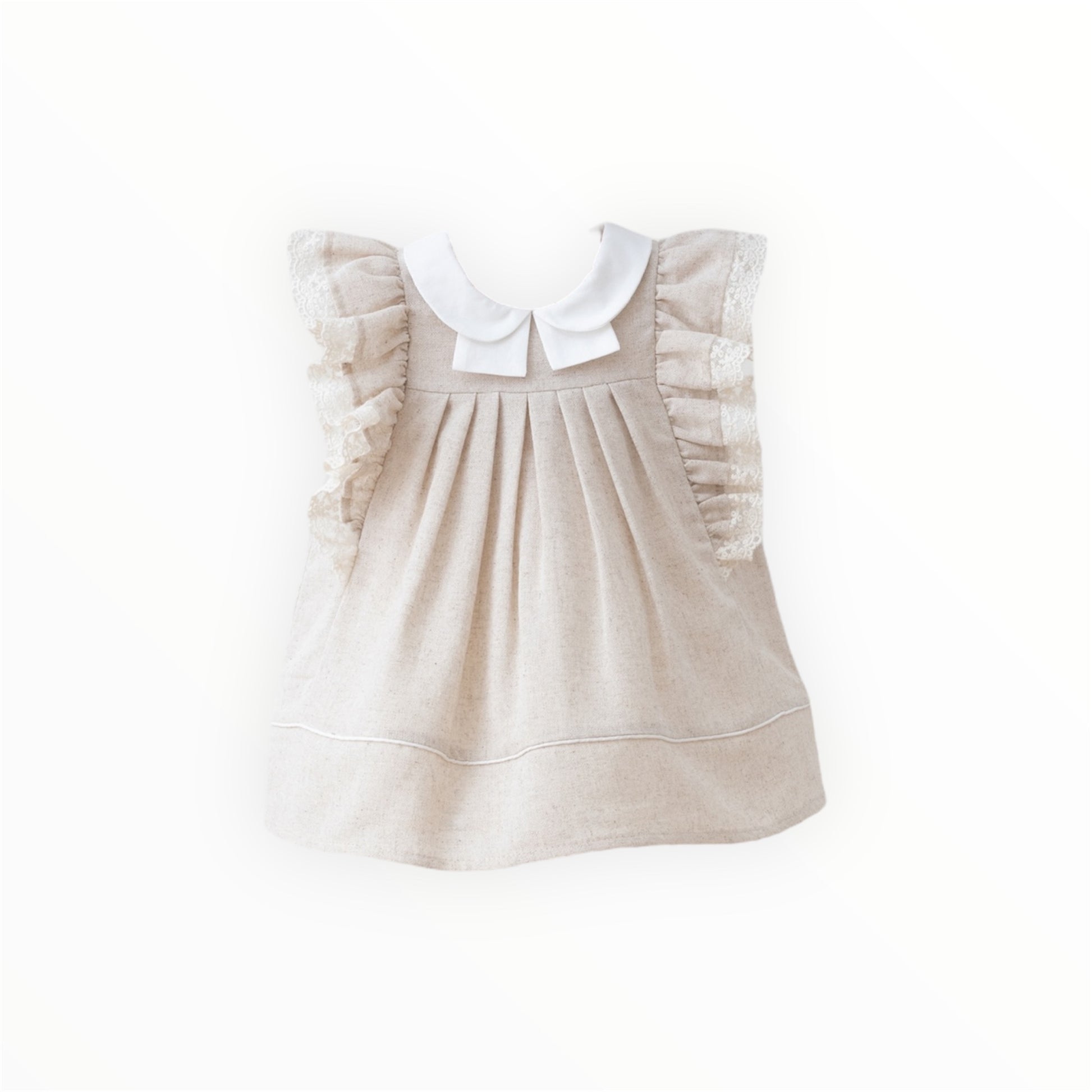 Vestido de Lino con Mangas de Volados y Encaje con Cuello Peter Pan Blanco