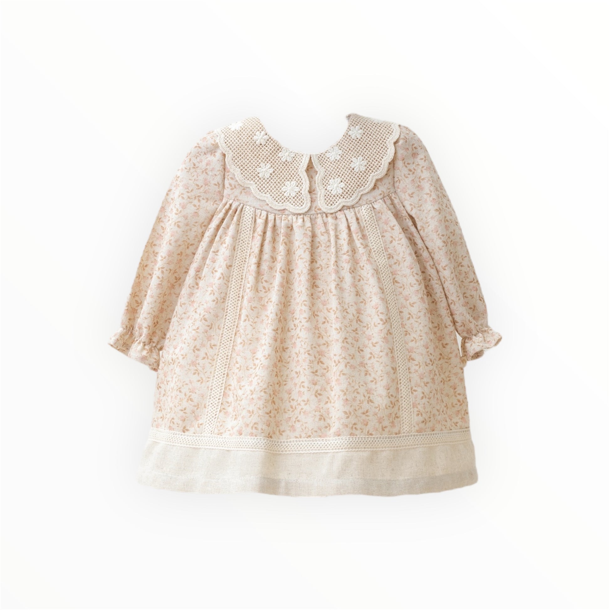 Vestido de Lino con Estampado Foral y Cuello Peter Pan Tejido Crochet