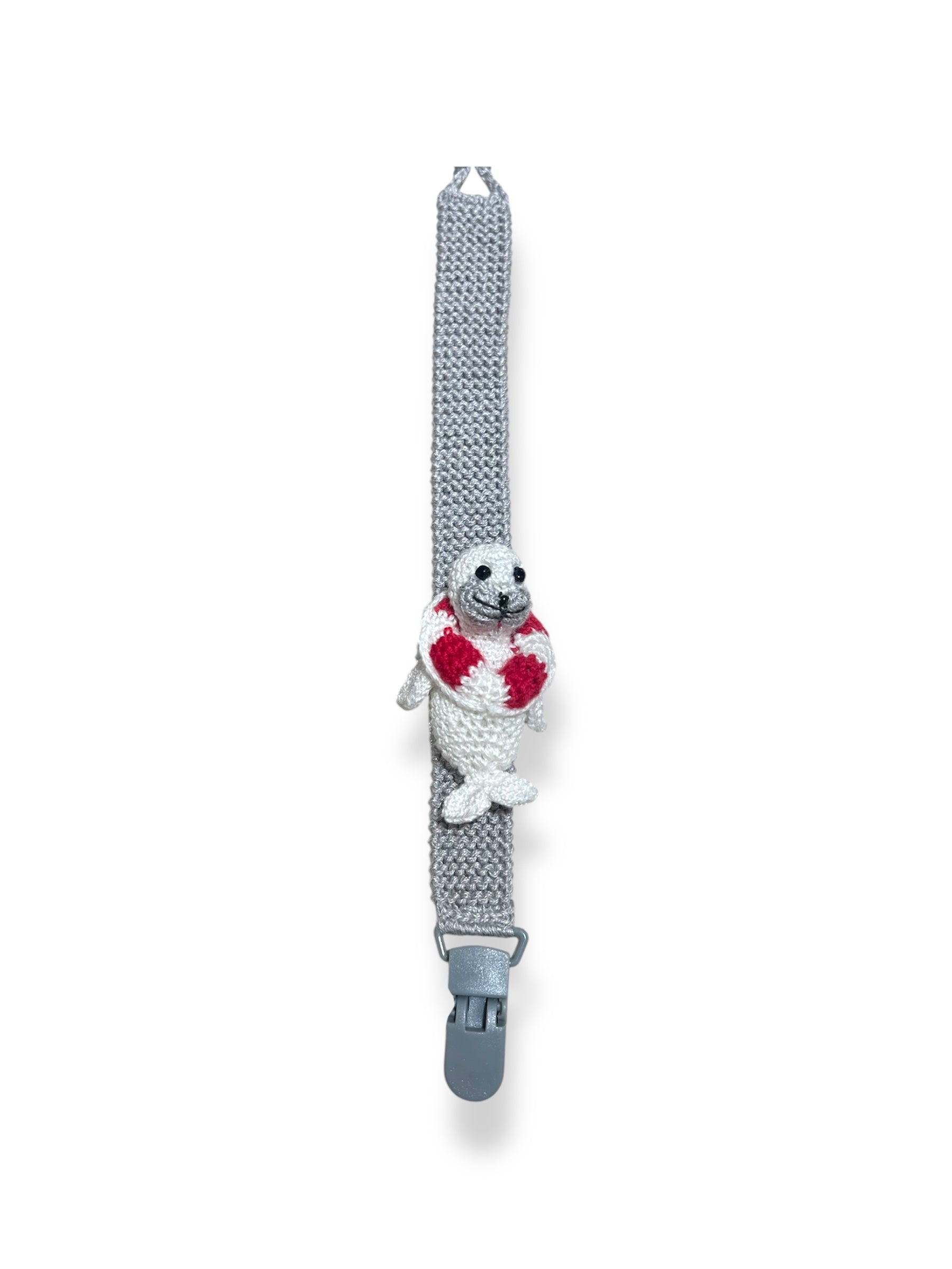 Porta Chupón Tejido Gris con Foca y Salvavidas