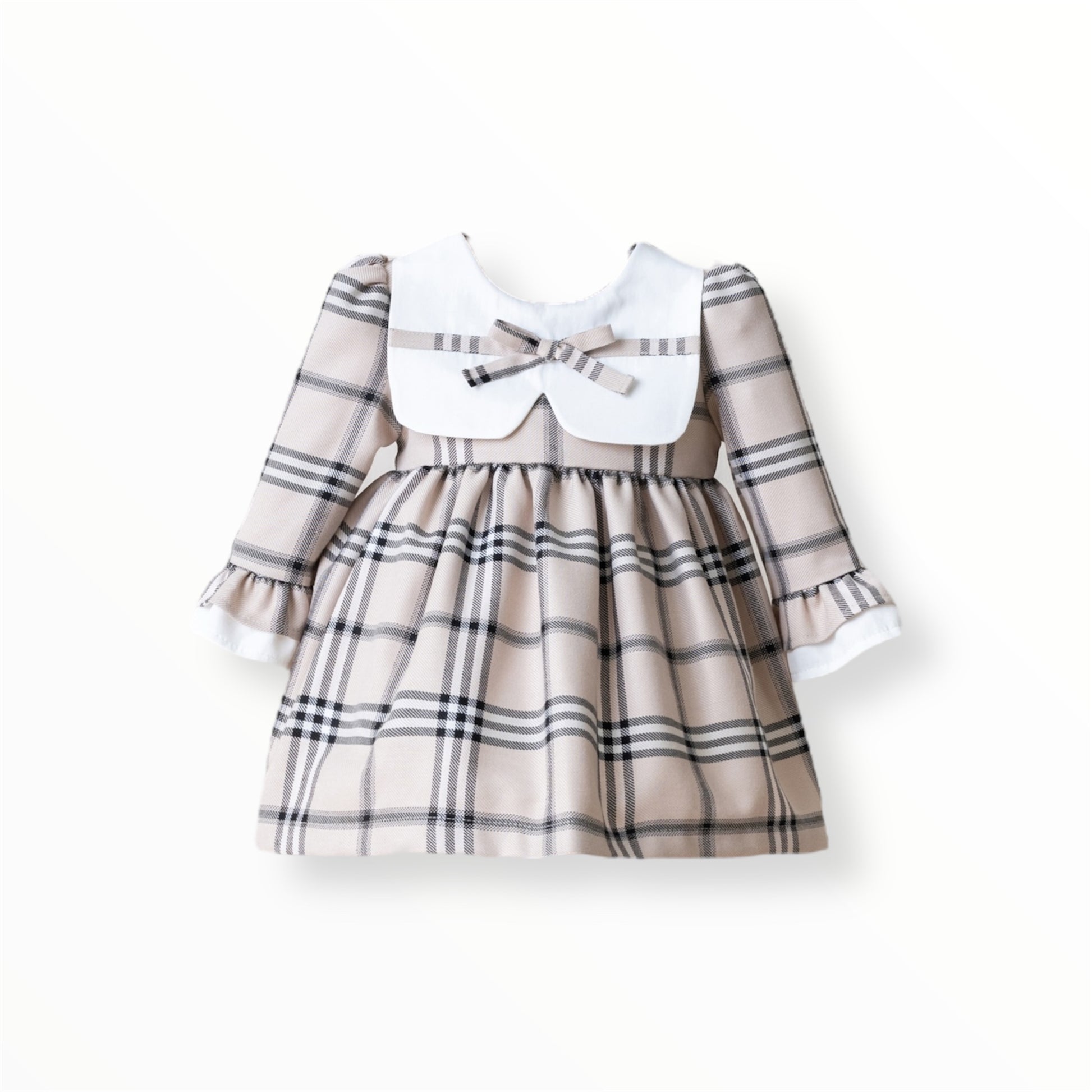 Vestido Crudo con Lineas Negras y Blancas con Maxi Cuello y Lacito a Juego