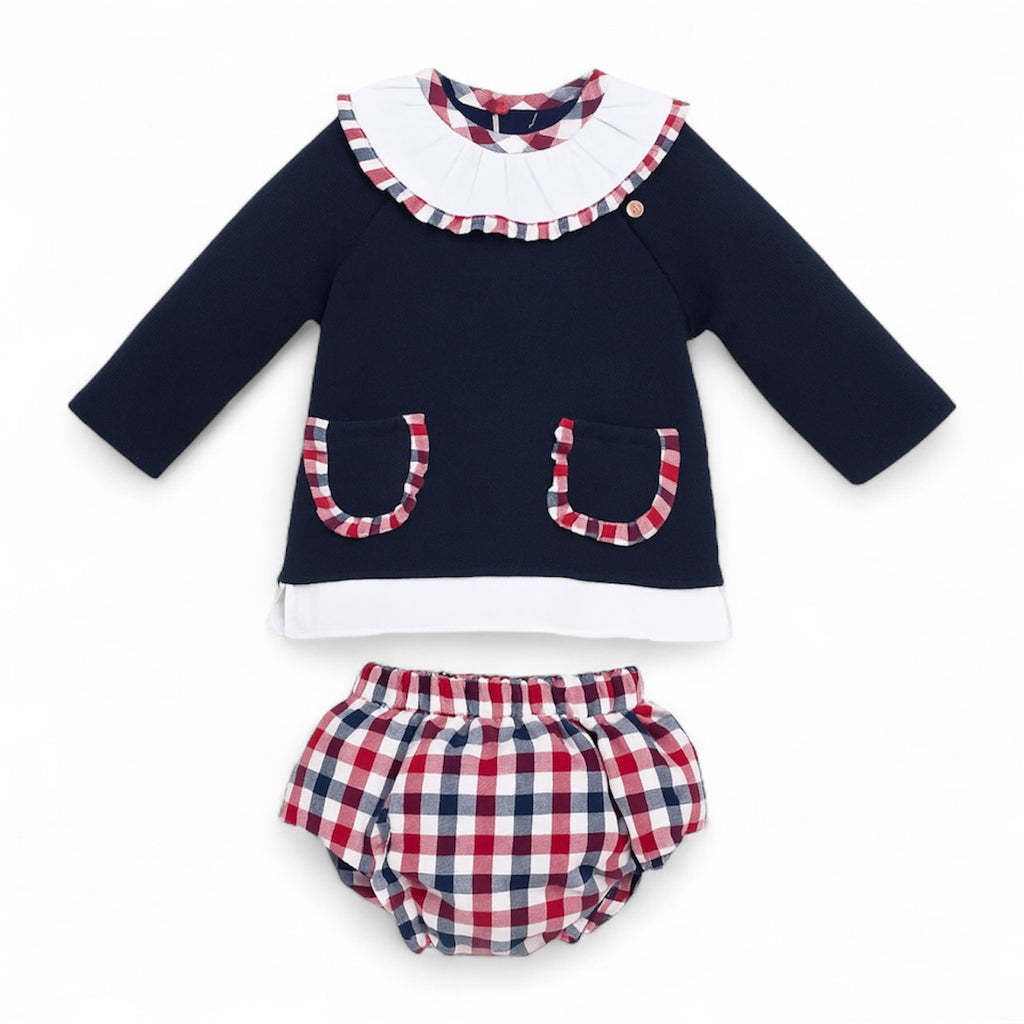 Conjunto Suéter Marino Glitter con Cubre Pañal de Falda a Cuadros