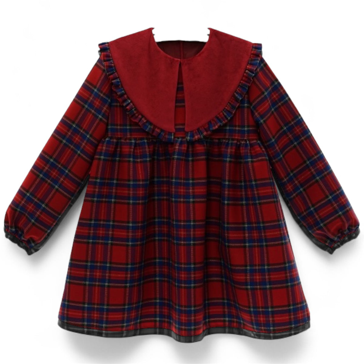 Vestido Tartan con Cuello Oversized en Terciopelo Rojo Colección Dedal