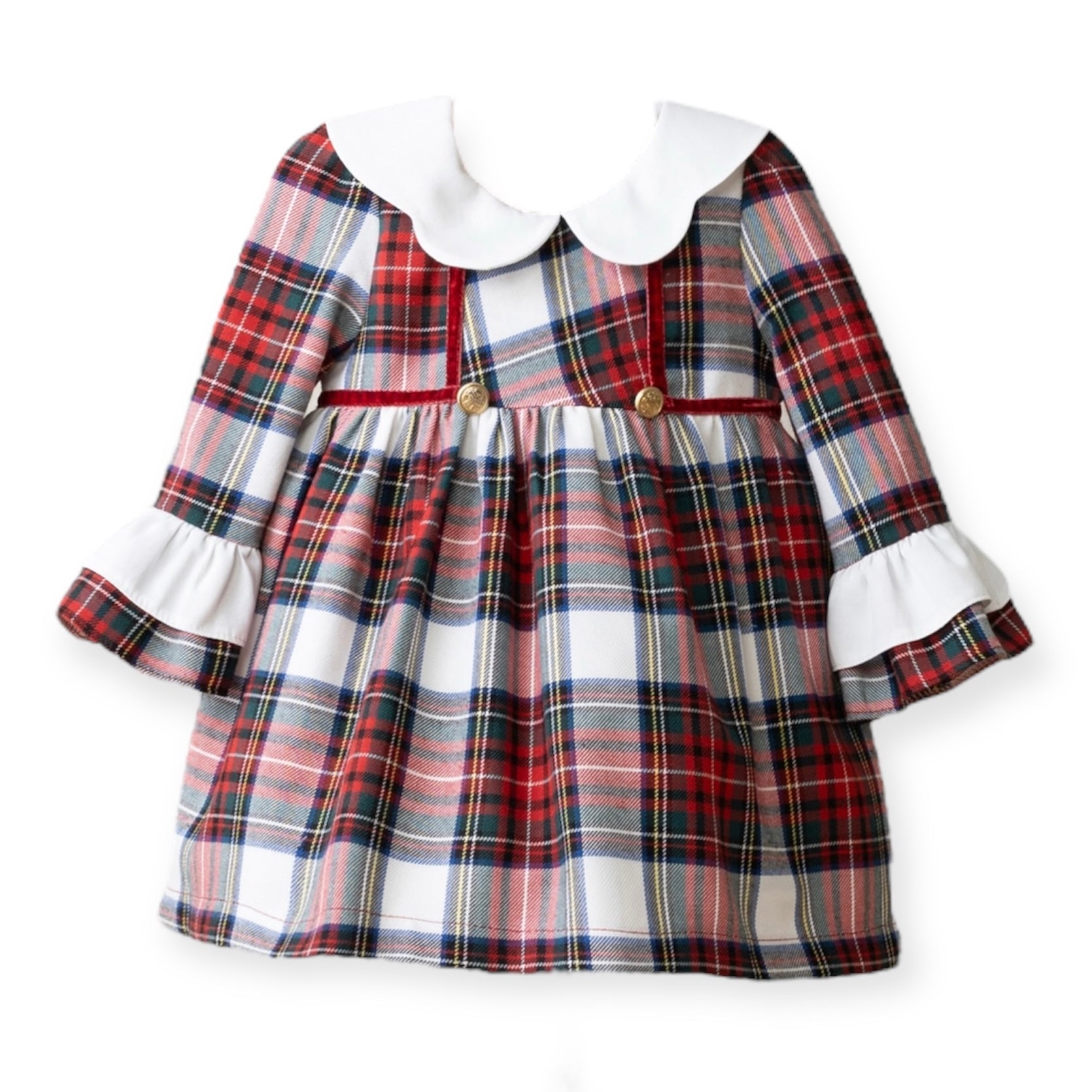 Vestido Tartan Clásico con Maxi Cuello y Mangas Acampanadas