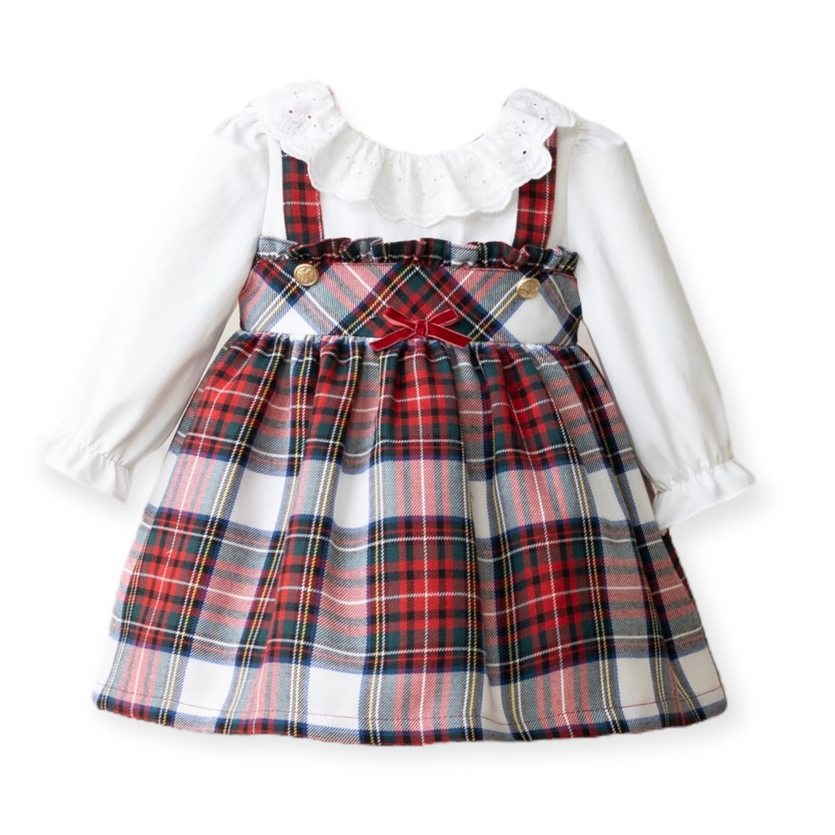 Conjunto de Camisa Blanca con Braga Estampada Tartan Clásico Lazo Terciopelo