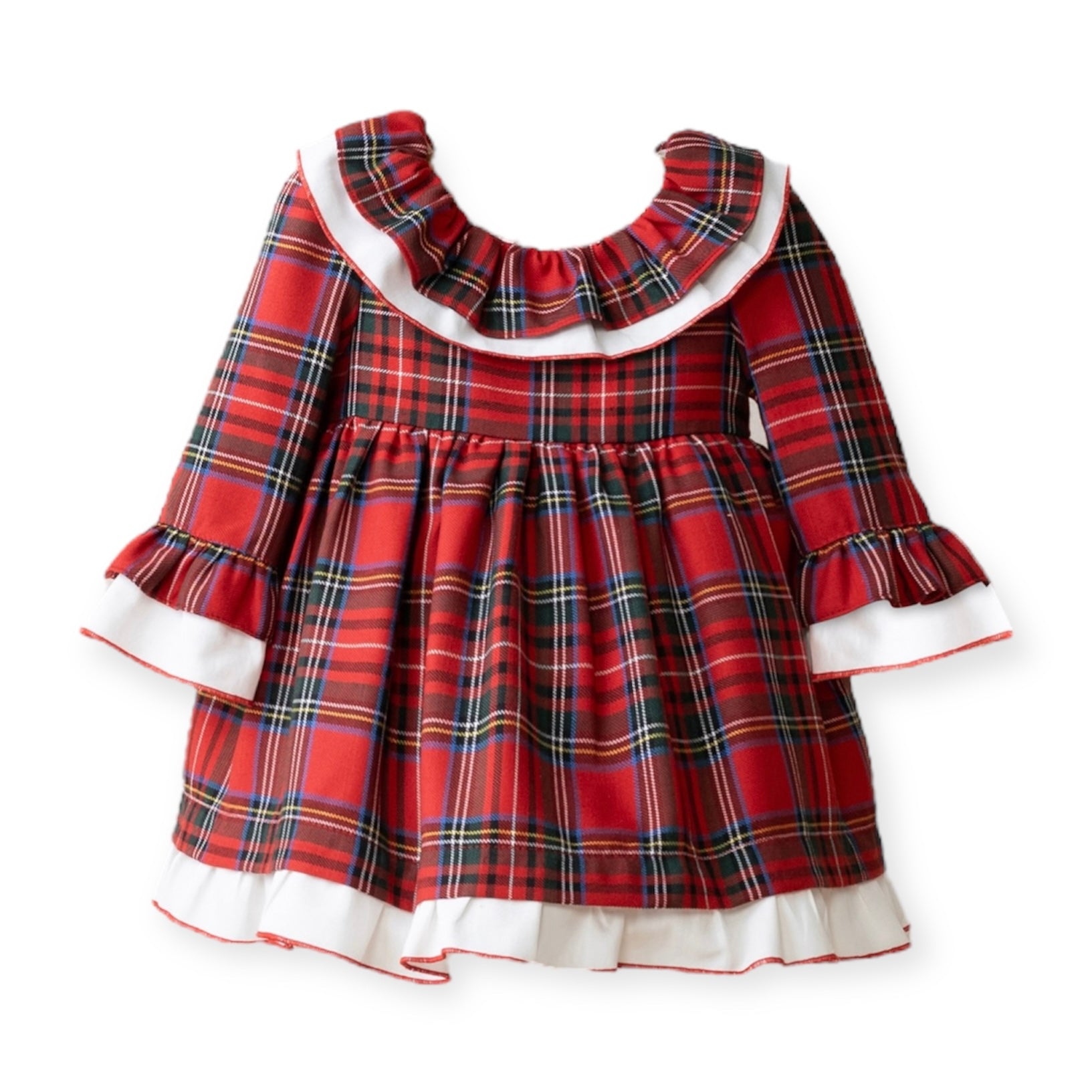 Vestido Estampado Clásico Tartan Rojo con Cuello Batista y Mangas Acampandas