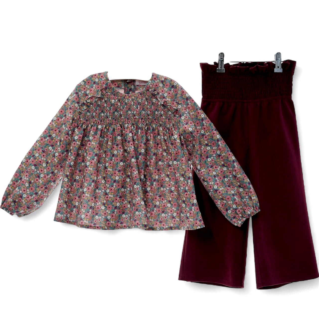 Conjunto Cachemira Pantalón Burgundy y Camisa Estampada