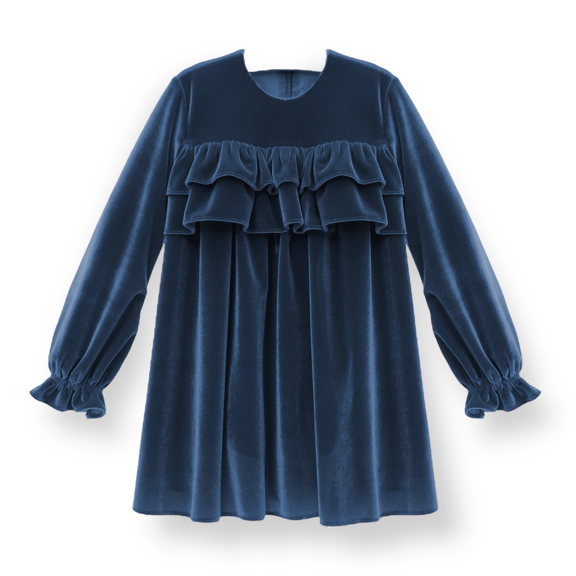 Vestido Terciopelo Azul Francia con Volados