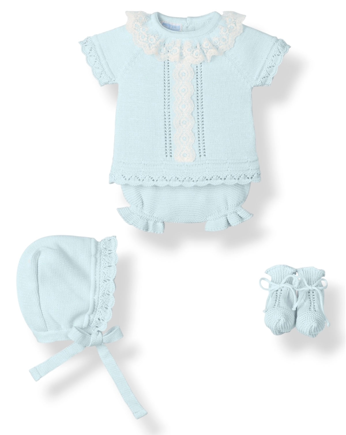 Conjunto Perle 4 Piezas con Cuello y Detalles de Encaje Azul Cielo