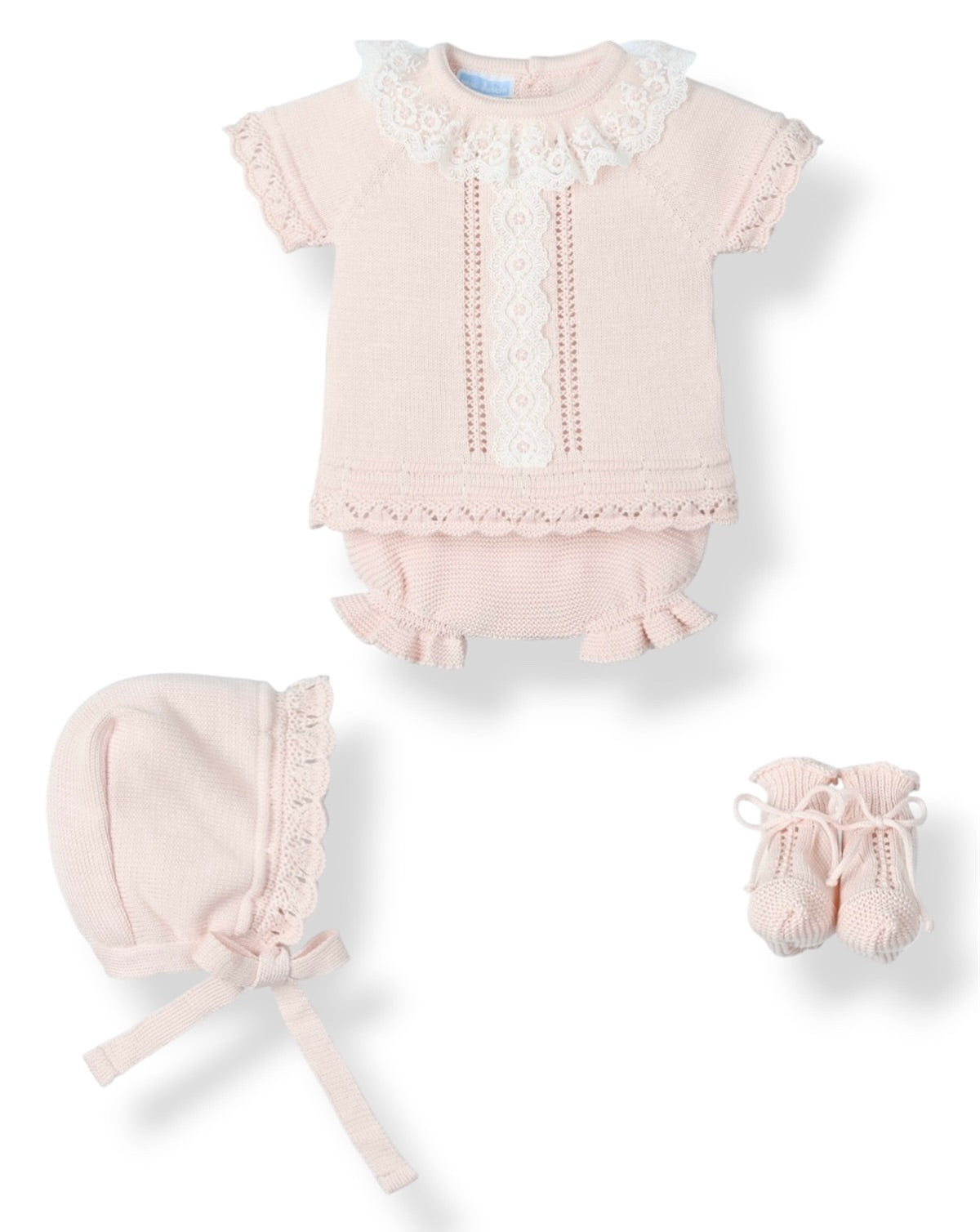 Conjunto Perle 4 Piezas con Cuello y Detalles de Encaje Rosa Empolvado