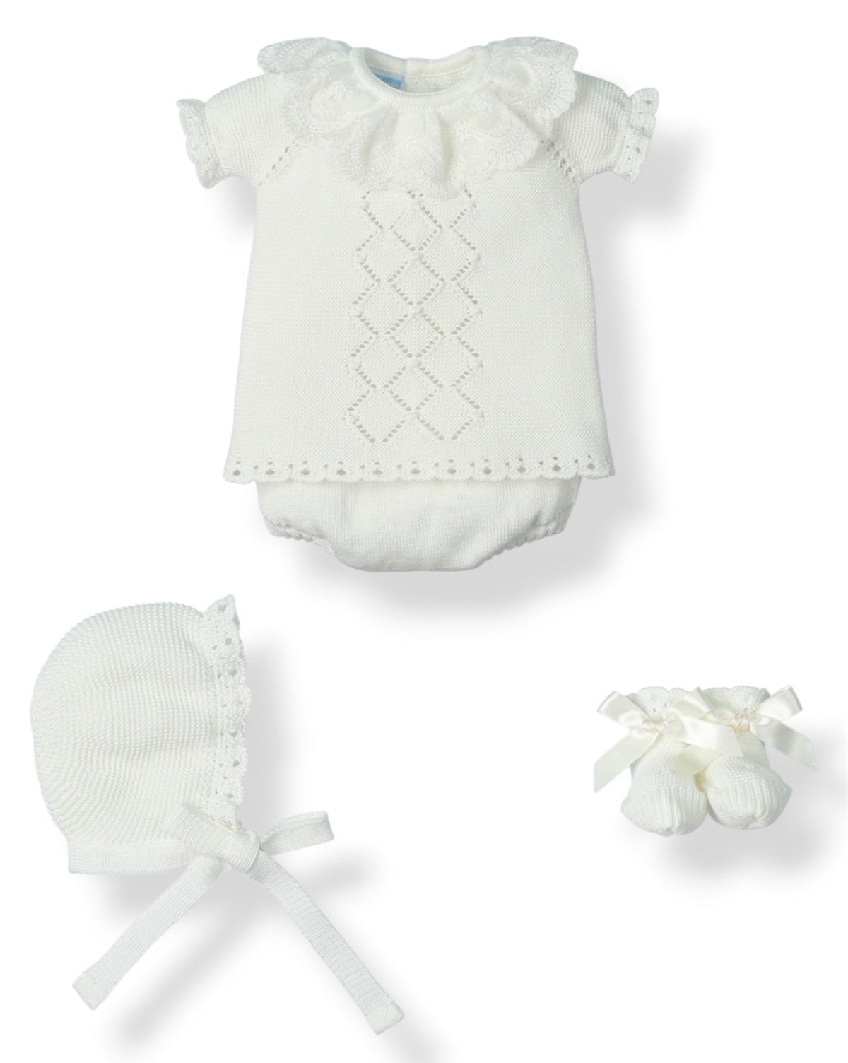 Conjunto Perle 4 Piezas con Cuello Encaje Marfil en Blanco