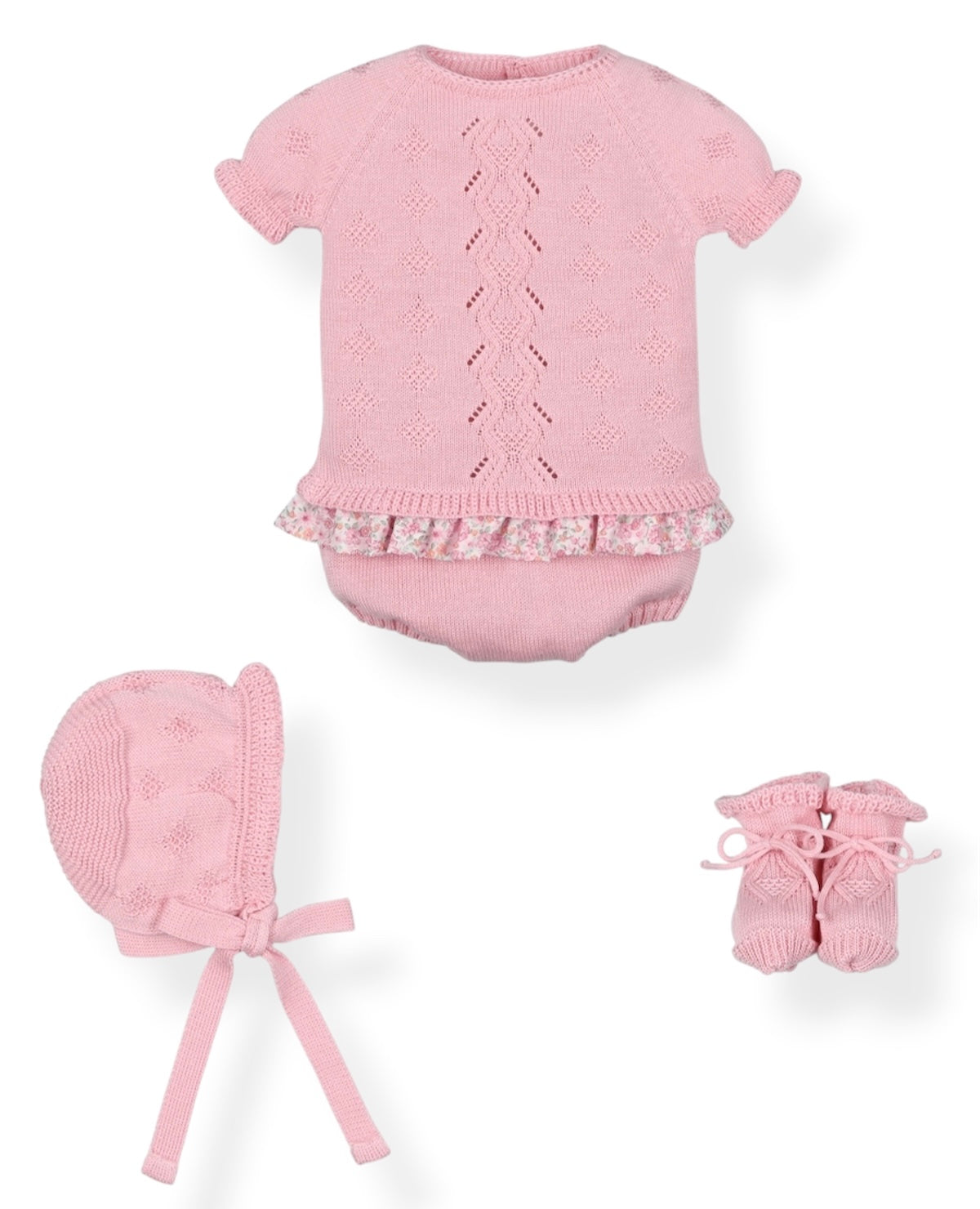 Conjunto Perle 4 Piezas con Volado Floral en Rosa Chicle