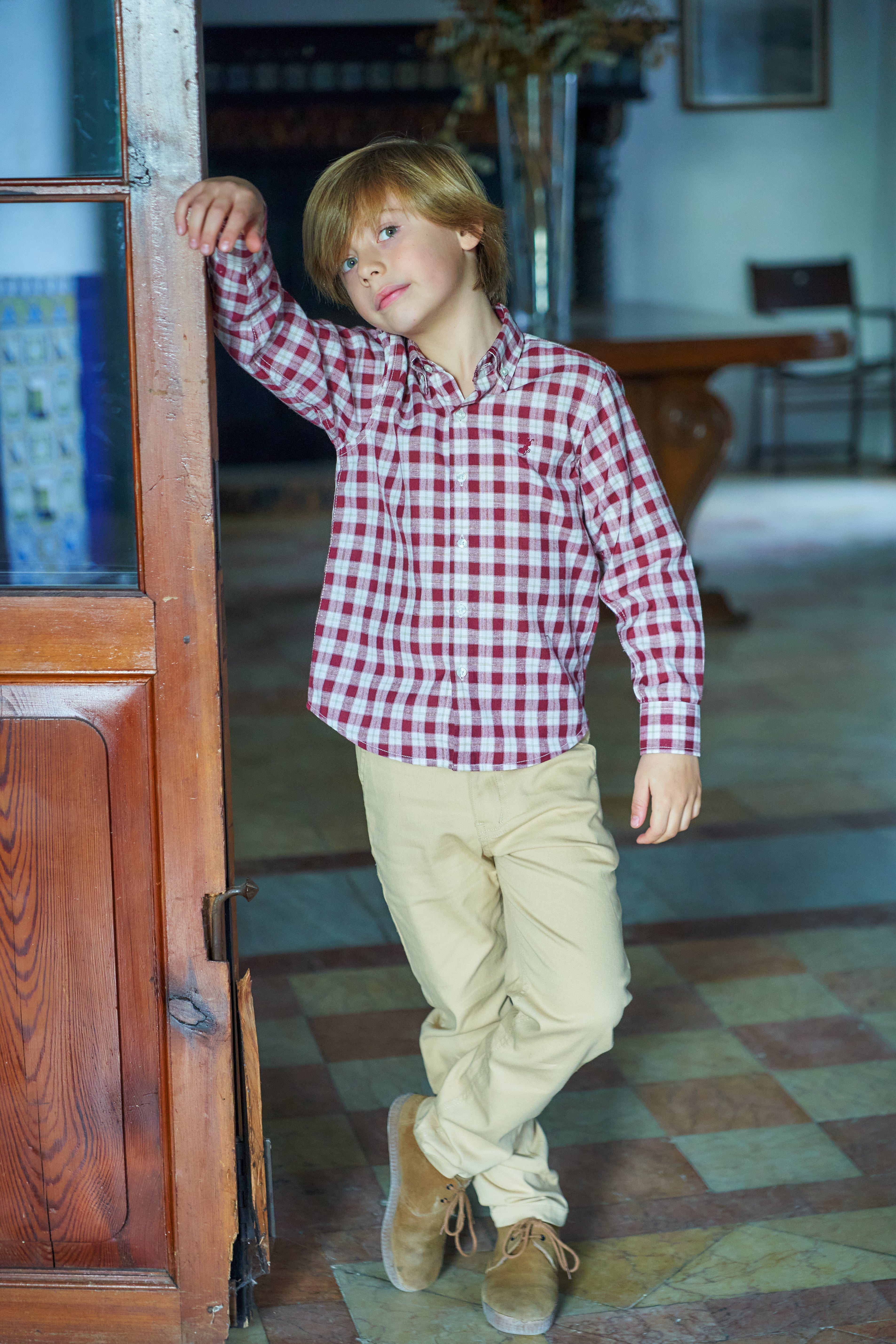 Camisa Manga Larga Cuadros Burdeos con Lineas Mostaza