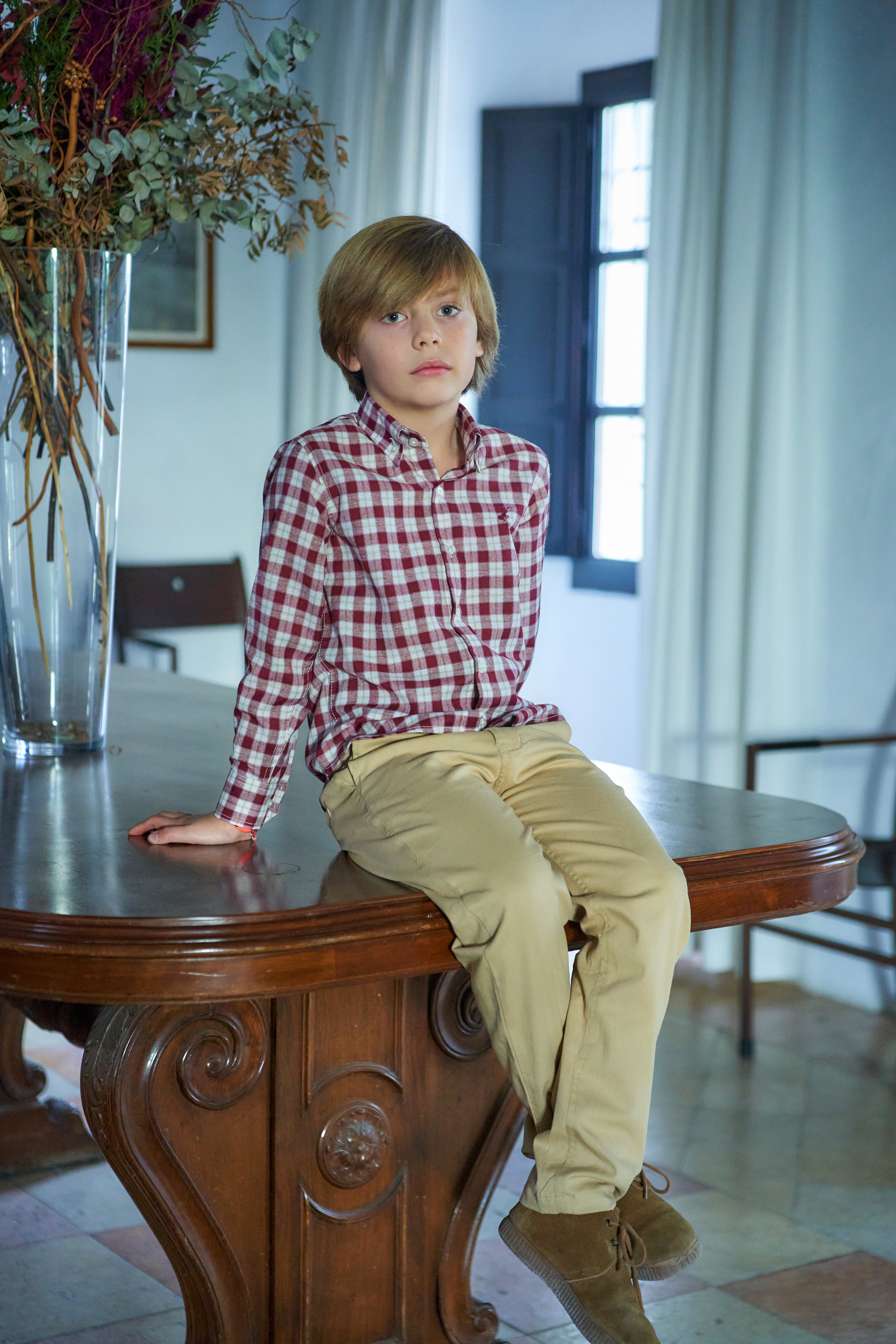 Camisa Manga Larga Cuadros Burdeos con Lineas Mostaza