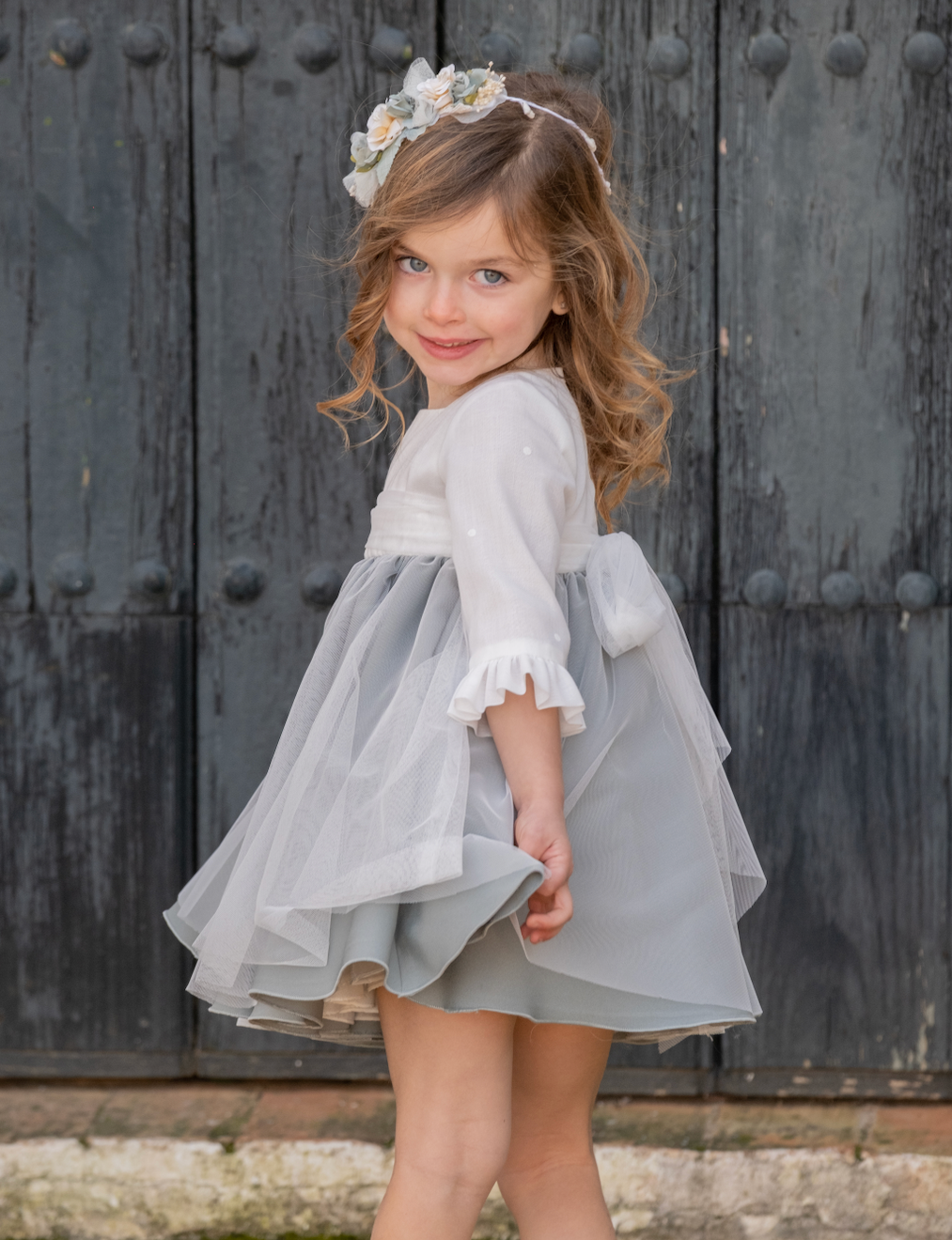 Vestido Ceremonia Bicolor de Tul con Fajin Basico