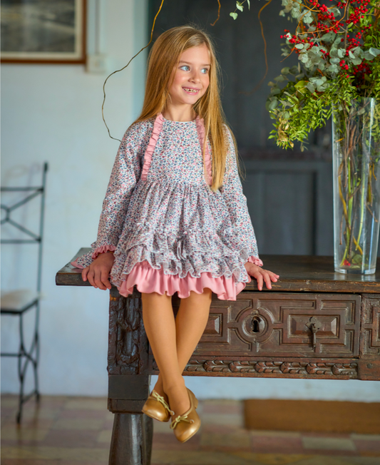Vestido Floral con Volados Rosa Palo