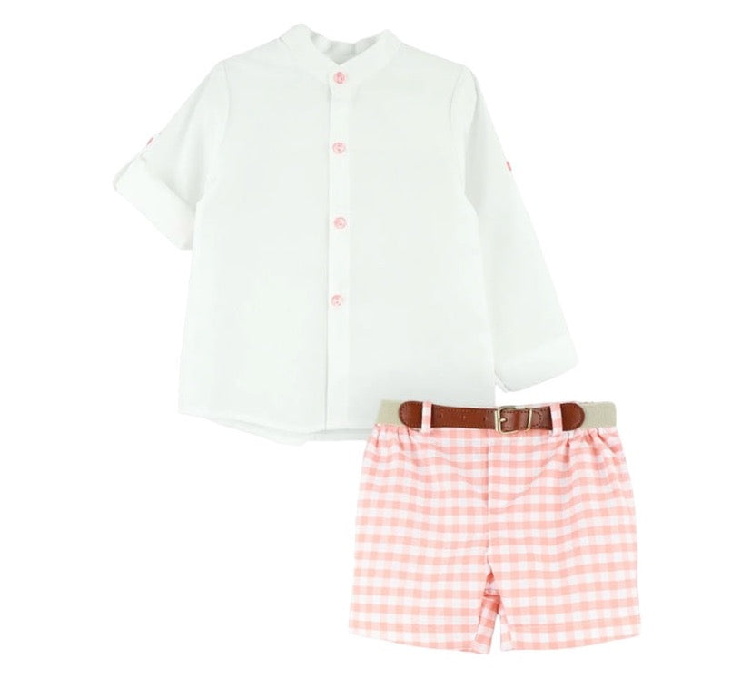 Conjunto Bermuda Vichy Naranja y Camisa Blanca Manga Larga