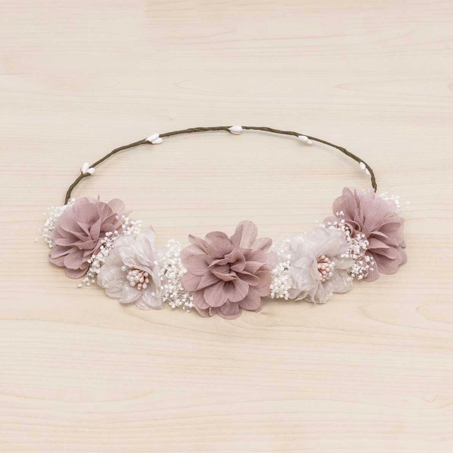Corona Ceremonia Flores Grandes Rosa Palo, Marfil y Gypso Natural