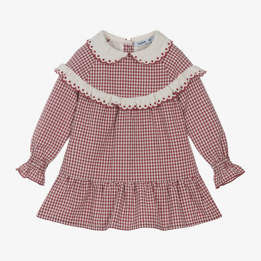 Vestido Manga Larga de Cuadros Rojos Almendro