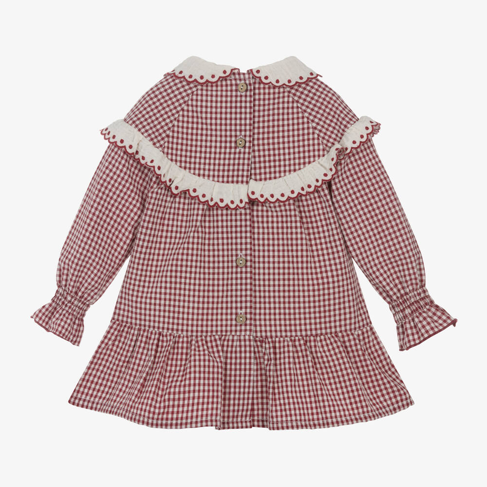 Vestido Manga Larga de Cuadros Rojos Almendro