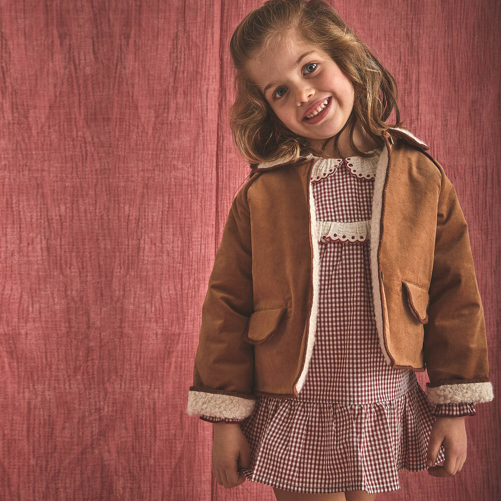 Vestido Manga Larga de Cuadros Rojos Almendro