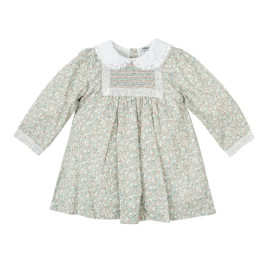 Vestido Manga Larga Magnolia con Cuello Peter Pan y Nido de Abeja