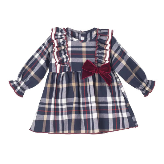 Vestido Manga Larga Tartán Marino y Vino