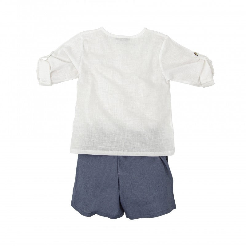 Conjunto Camisa Lino Manga Larga Blanca con Bermuda Azul Claror