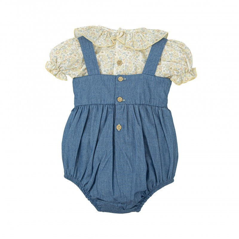 Conjunto Camisa Estampado Floral Amarillo con Ranita Denim y Bordado Flores en el Pecho