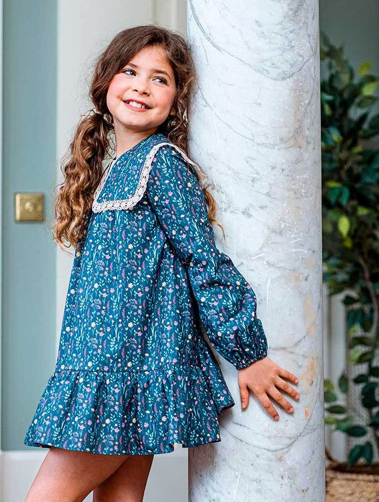 Vestido Cuello Cuadrado Estampado Floral Azul