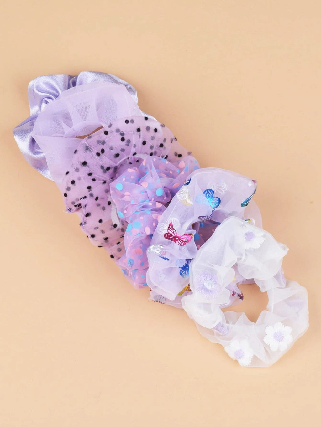 Scrunchie Organza Lila con Lunares Multicolores